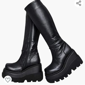 High platform mid calf wedge chunky heel round toe fashion boot size 8 women blk